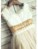 Champagne Taffeta Ivory Tulle Cap Sleeves Flower Girl Dress 